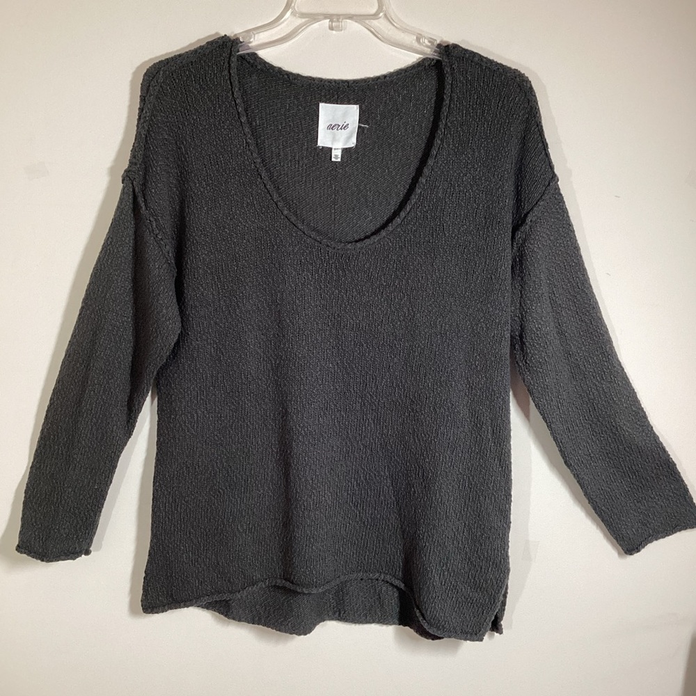 Aerie Sweater S Roll Neck and Hem Dark Gray Soft Lightweight Voop 2855